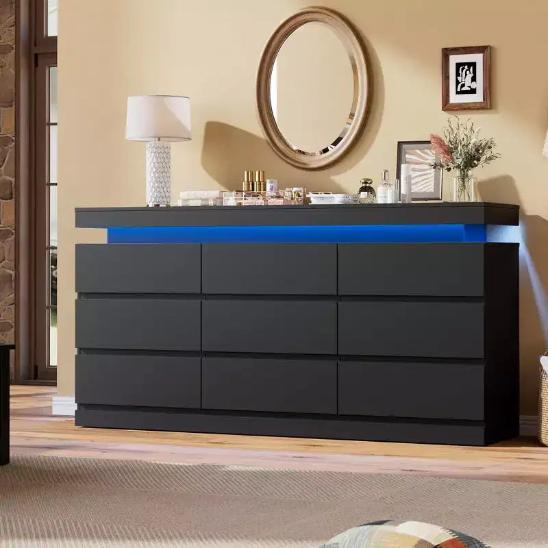 Commode 9 tiroirs pour chambre à coucher, Meuble de rangement avec station de recharge et lumières LED, Double armoire de rangement en bois, Meuble TV commode moderne
