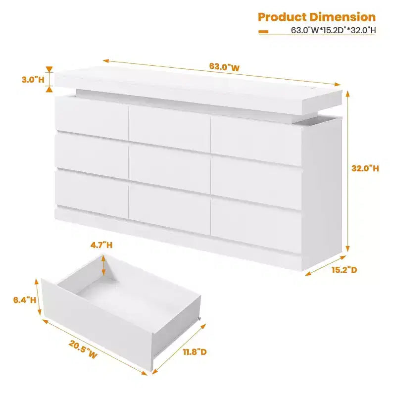 Commode 9 tiroirs pour chambre à coucher, Meuble de rangement avec station de recharge et lumières LED, Double armoire de rangement en bois, Meuble TV commode moderne