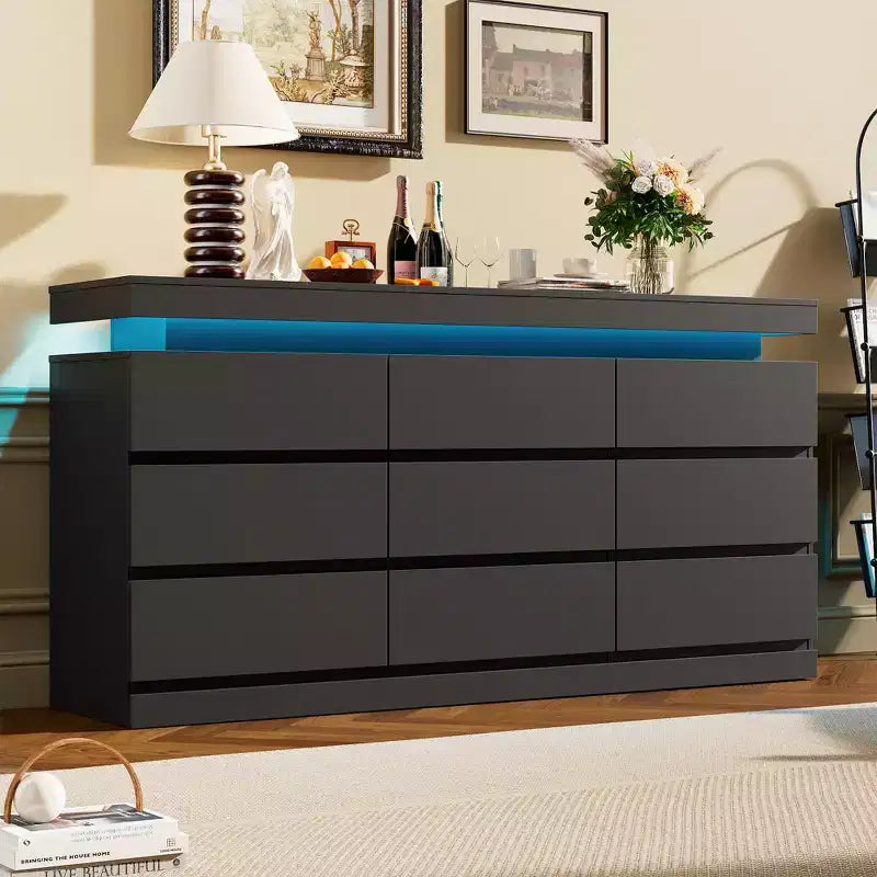 9 Drawer Dresser for Bedroom, Chest of Drawers with Charging Station & LED Lights, Double Wooden Closet Storage Cabinet, Modern Dresser TV Stand