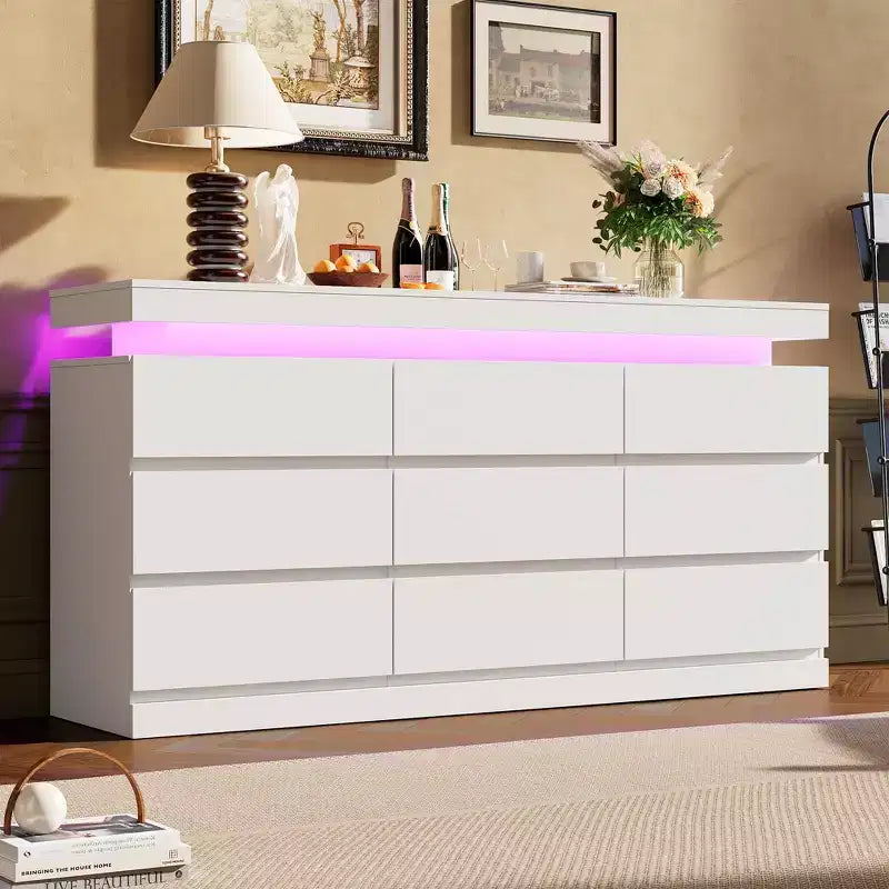 Commode 9 tiroirs pour chambre à coucher, Meuble de rangement avec station de recharge et lumières LED, Double armoire de rangement en bois, Meuble TV commode moderne