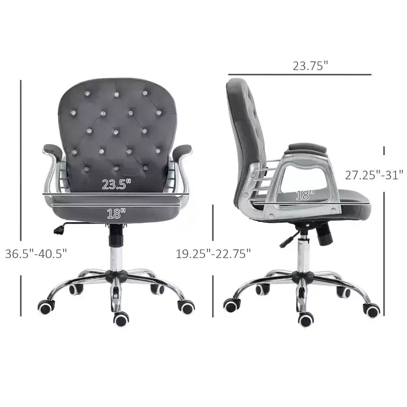 Chaise de bureau en velours, chaise de bureau capitonnée avec accoudoirs rembourrés, hauteur réglable et roulettes pivotantes