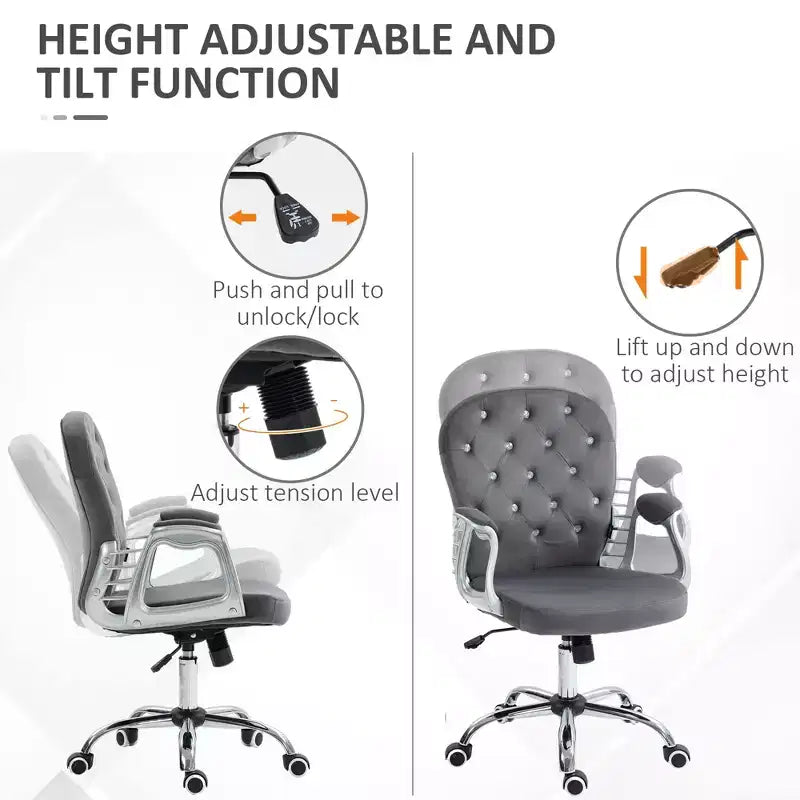 Chaise de bureau en velours, chaise de bureau capitonnée avec accoudoirs rembourrés, hauteur réglable et roulettes pivotantes