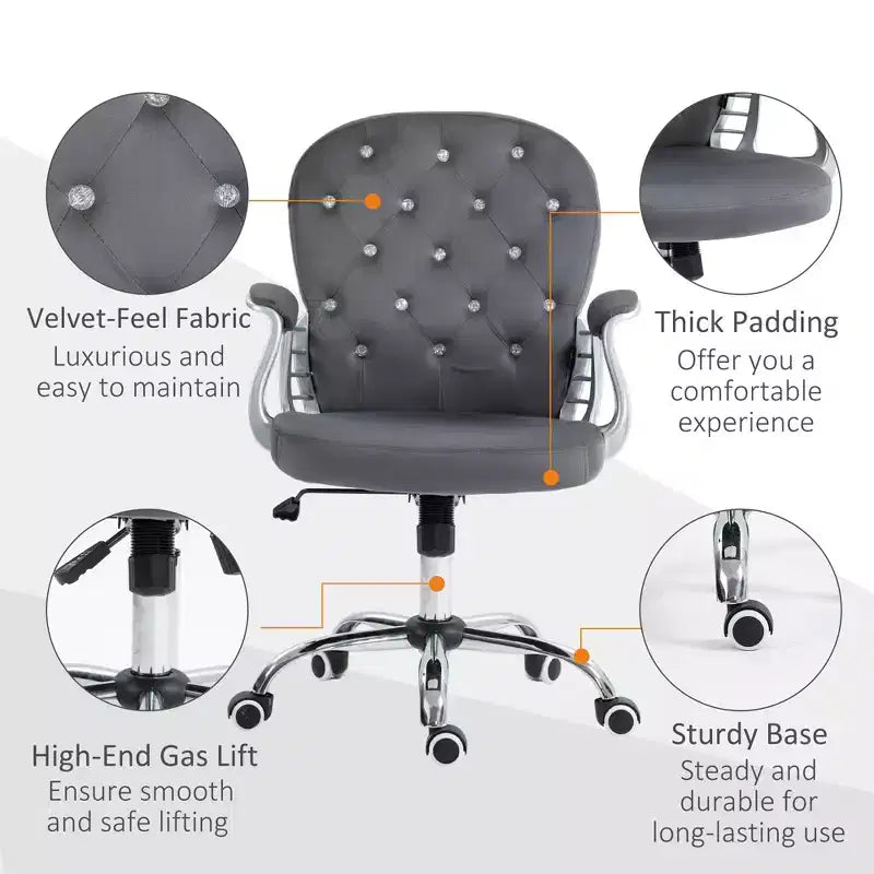 Chaise de bureau en velours, chaise de bureau capitonnée avec accoudoirs rembourrés, hauteur réglable et roulettes pivotantes
