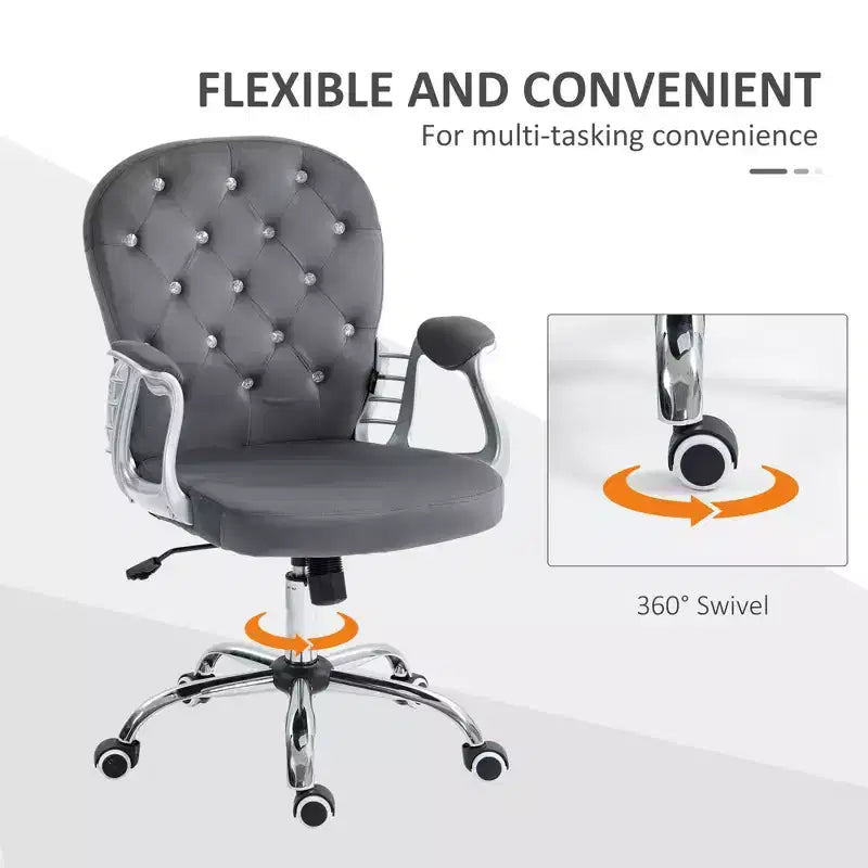 Chaise de bureau en velours, chaise de bureau capitonnée avec accoudoirs rembourrés, hauteur réglable et roulettes pivotantes