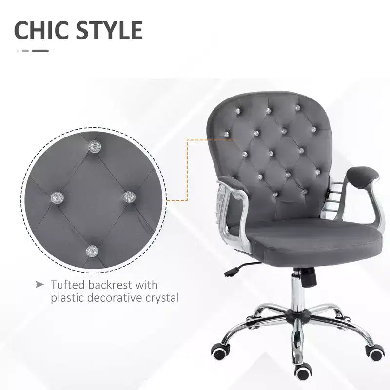 Chaise de bureau en velours, chaise de bureau capitonnée avec accoudoirs rembourrés, hauteur réglable et roulettes pivotantes