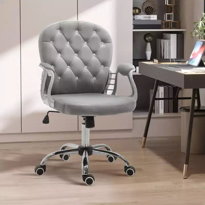 Chaise de bureau en velours, chaise de bureau capitonnée avec accoudoirs rembourrés, hauteur réglable et roulettes pivotantes
