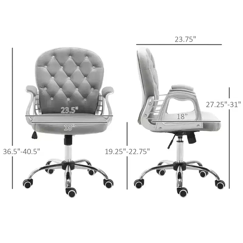 Chaise de bureau en velours, chaise de bureau capitonnée avec accoudoirs rembourrés, hauteur réglable et roulettes pivotantes