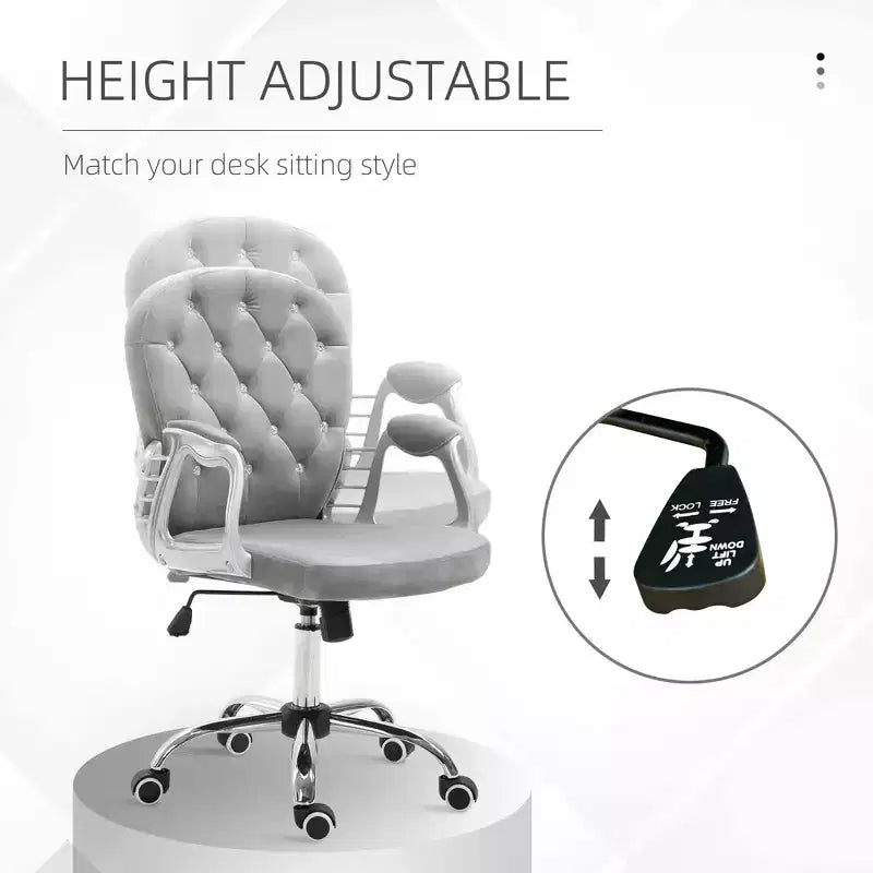 Chaise de bureau en velours, chaise de bureau capitonnée avec accoudoirs rembourrés, hauteur réglable et roulettes pivotantes