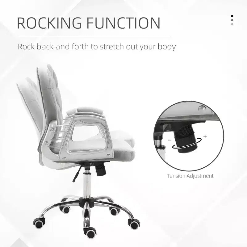 Chaise de bureau en velours, chaise de bureau capitonnée avec accoudoirs rembourrés, hauteur réglable et roulettes pivotantes