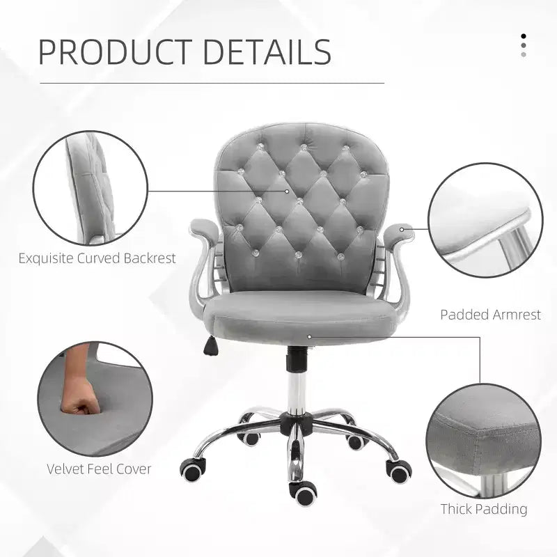 Chaise de bureau en velours, chaise de bureau capitonnée avec accoudoirs rembourrés, hauteur réglable et roulettes pivotantes
