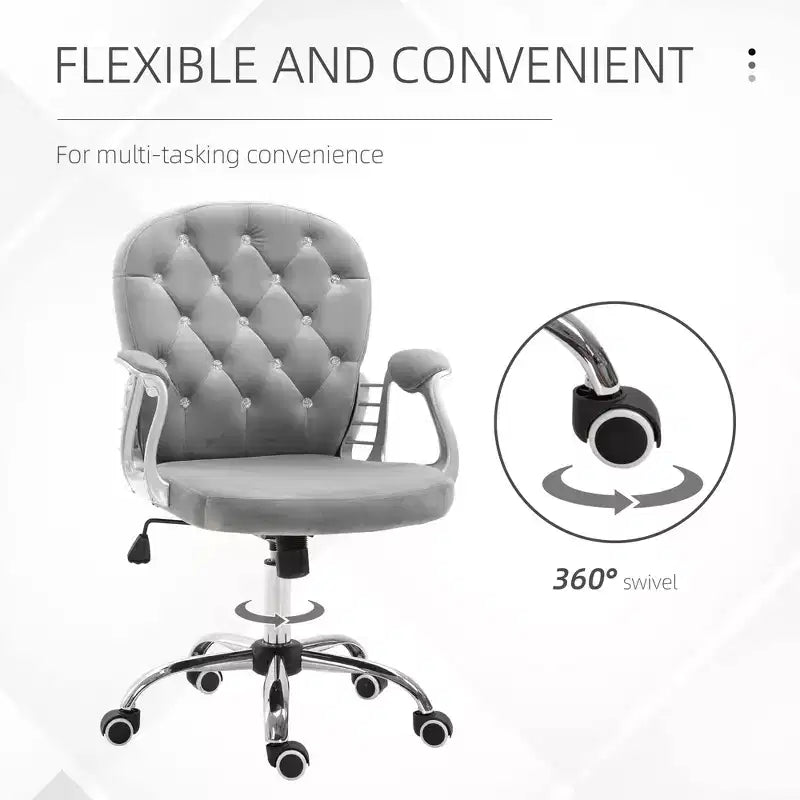 Chaise de bureau en velours, chaise de bureau capitonnée avec accoudoirs rembourrés, hauteur réglable et roulettes pivotantes