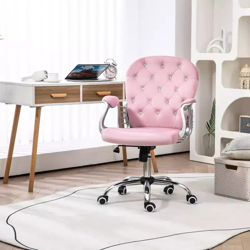 Chaise de bureau en velours, chaise de bureau capitonnée avec accoudoirs rembourrés, hauteur réglable et roulettes pivotantes