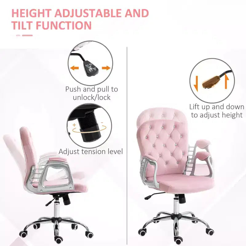 Chaise de bureau en velours, chaise de bureau capitonnée avec accoudoirs rembourrés, hauteur réglable et roulettes pivotantes