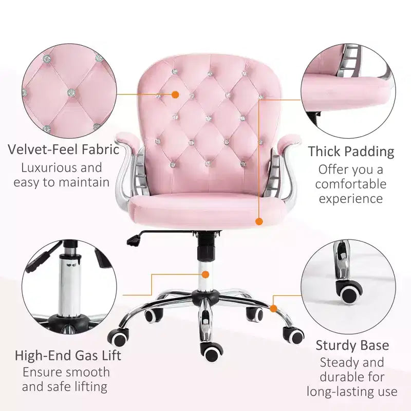 Chaise de bureau en velours, chaise de bureau capitonnée avec accoudoirs rembourrés, hauteur réglable et roulettes pivotantes