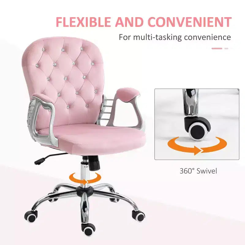 Chaise de bureau en velours, chaise de bureau capitonnée avec accoudoirs rembourrés, hauteur réglable et roulettes pivotantes