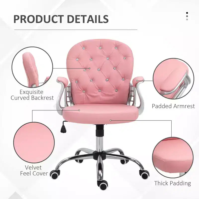 Chaise de bureau en velours, chaise de bureau capitonnée avec accoudoirs rembourrés, hauteur réglable et roulettes pivotantes