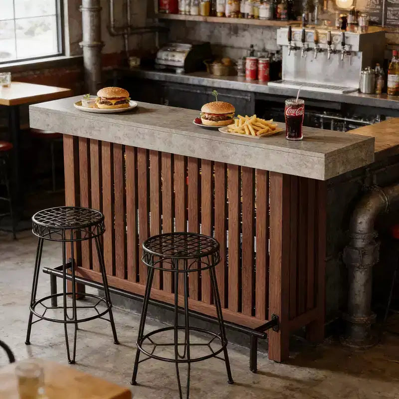 Table de bar moderne en métal et bois avec rangement à 2 niveaux et patins réglables