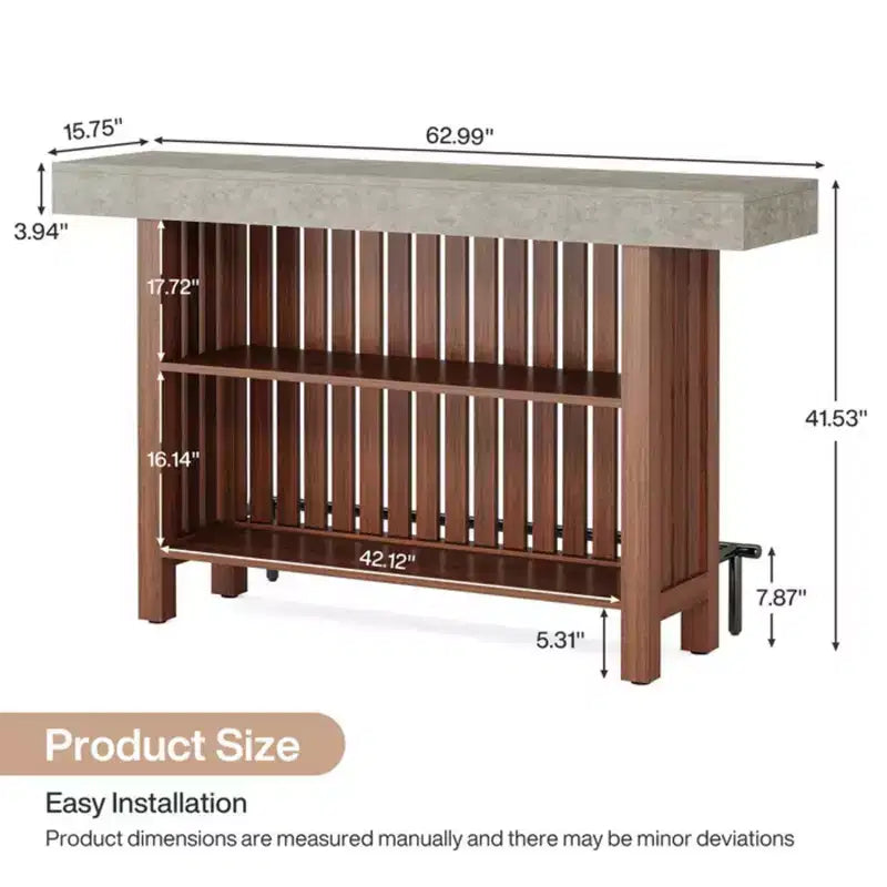 Table de bar moderne en métal et bois avec rangement à 2 niveaux et patins réglables