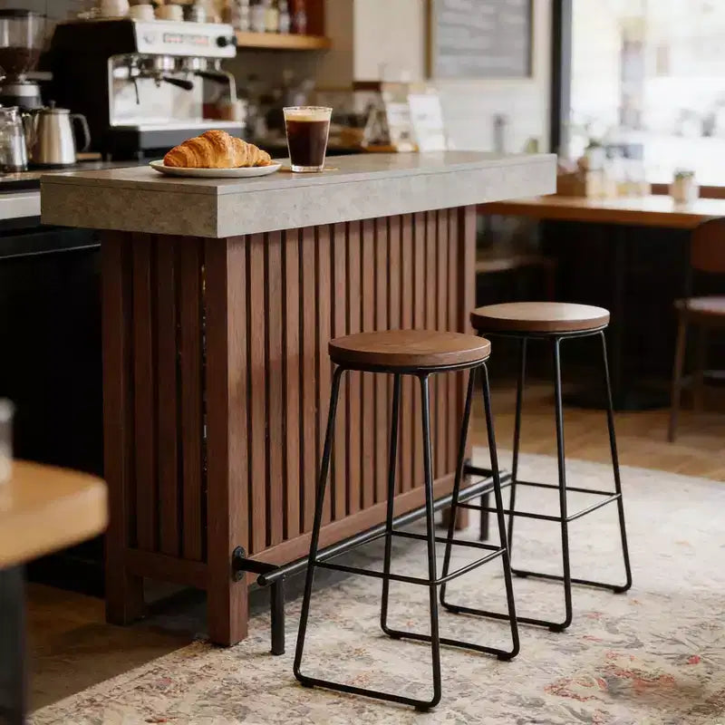 Table de bar moderne en métal et bois avec rangement à 2 niveaux et patins réglables