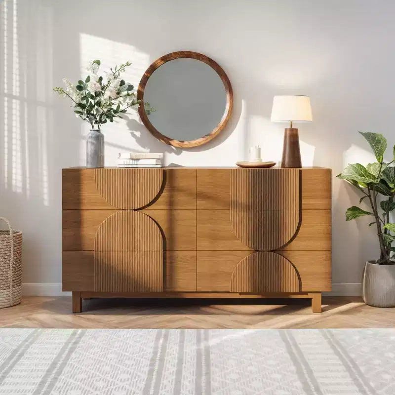 Commode géométrique moderne à 6 tiroirs, buffet de rangement large à demi-cercle pour chambre et salon