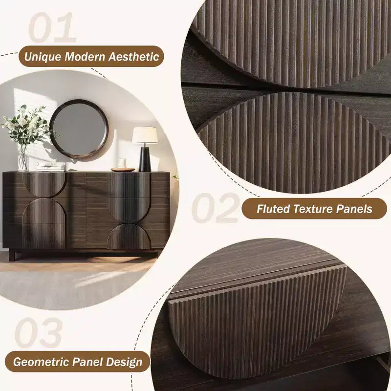Commode géométrique moderne à 6 tiroirs, buffet de rangement large à demi-cercle pour chambre et salon
