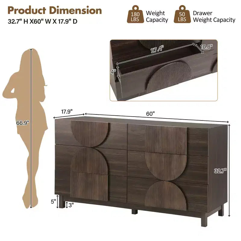 Commode géométrique moderne à 6 tiroirs, buffet de rangement large à demi-cercle pour chambre et salon