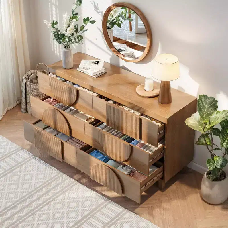 Commode géométrique moderne à 6 tiroirs, buffet de rangement large à demi-cercle pour chambre et salon