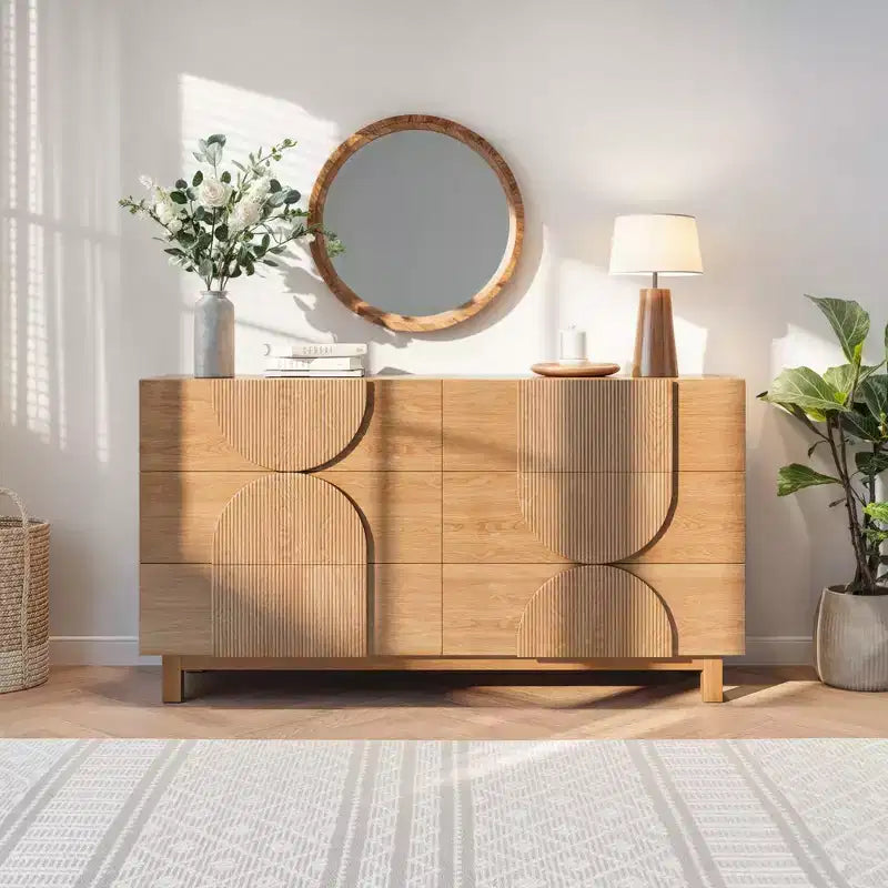 Commode géométrique moderne à 6 tiroirs, buffet de rangement large à demi-cercle pour chambre et salon