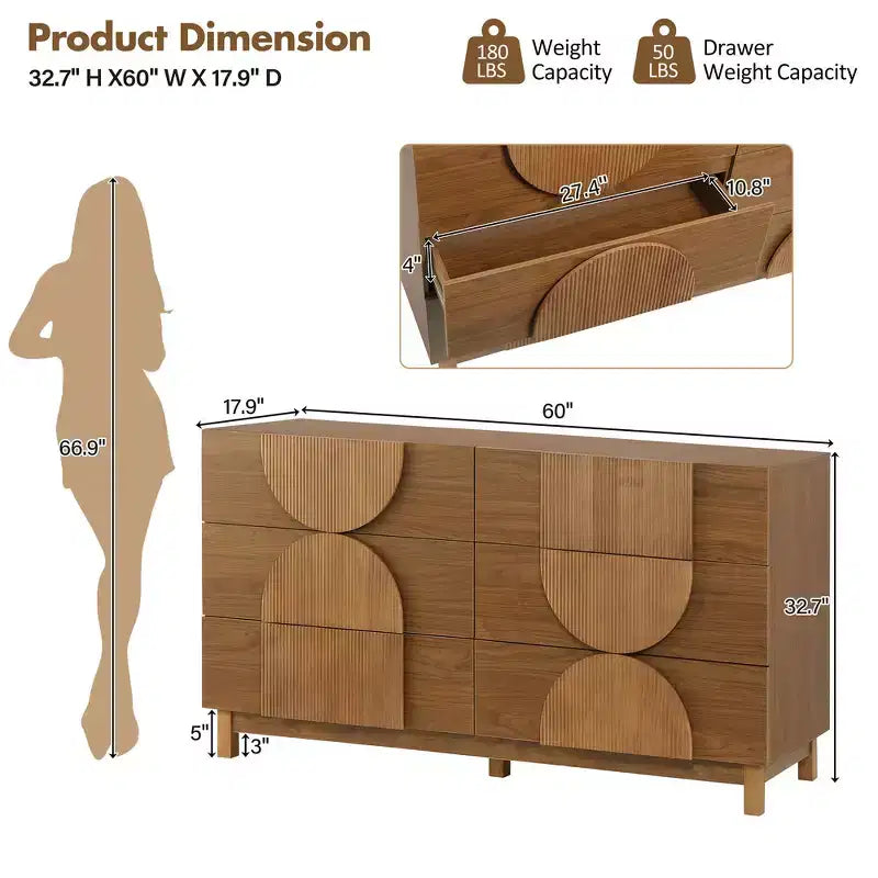 Commode géométrique moderne à 6 tiroirs, buffet de rangement large à demi-cercle pour chambre et salon