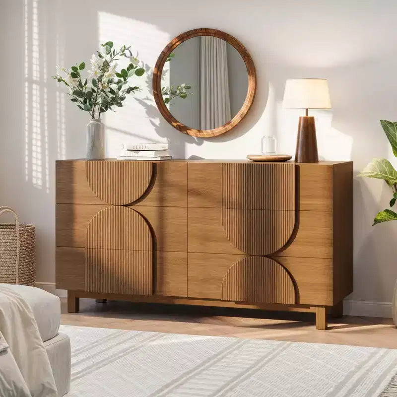 Whisen 6-Drawer Modern Geometric Dresser, Half-Circle Accent Wide Storage Chest for Bedroom & Living Room