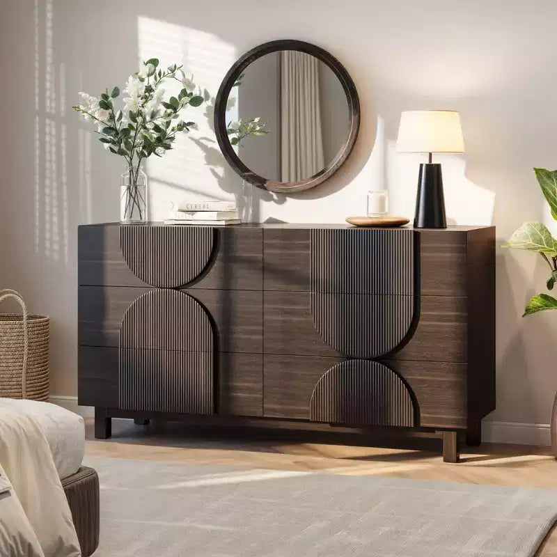 Commode géométrique moderne à 6 tiroirs, buffet de rangement large à demi-cercle pour chambre et salon