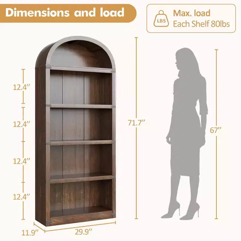 Bibliothèque 5 étagères, bibliothèque arquée 182 cm, étagère de rangement style ferme, étagères en bois pour bureau à domicile, salon