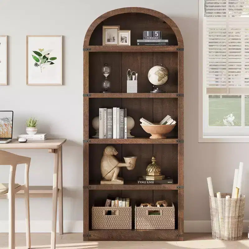 Bibliothèque 5 étagères, bibliothèque arquée 182 cm, étagère de rangement style ferme, étagères en bois pour bureau à domicile, salon