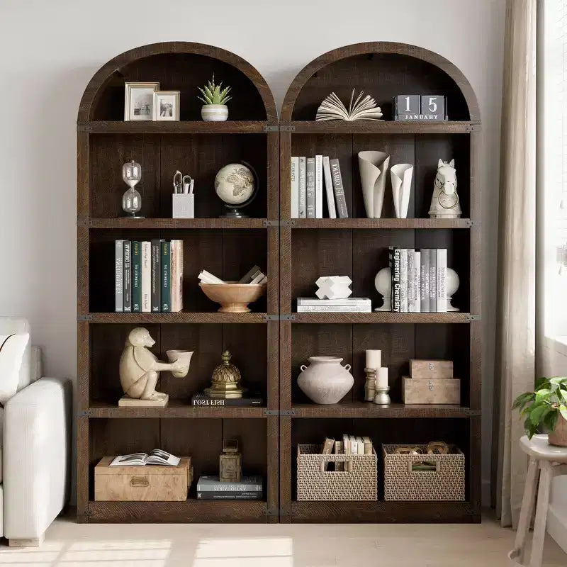 Bibliothèque 5 étagères, bibliothèque arquée 182 cm, étagère de rangement style ferme, étagères en bois pour bureau à domicile, salon