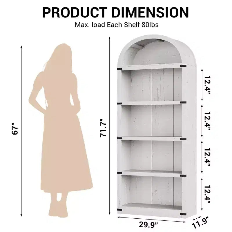 Bibliothèque 5 étagères, bibliothèque arquée 182 cm, étagère de rangement style ferme, étagères en bois pour bureau à domicile, salon
