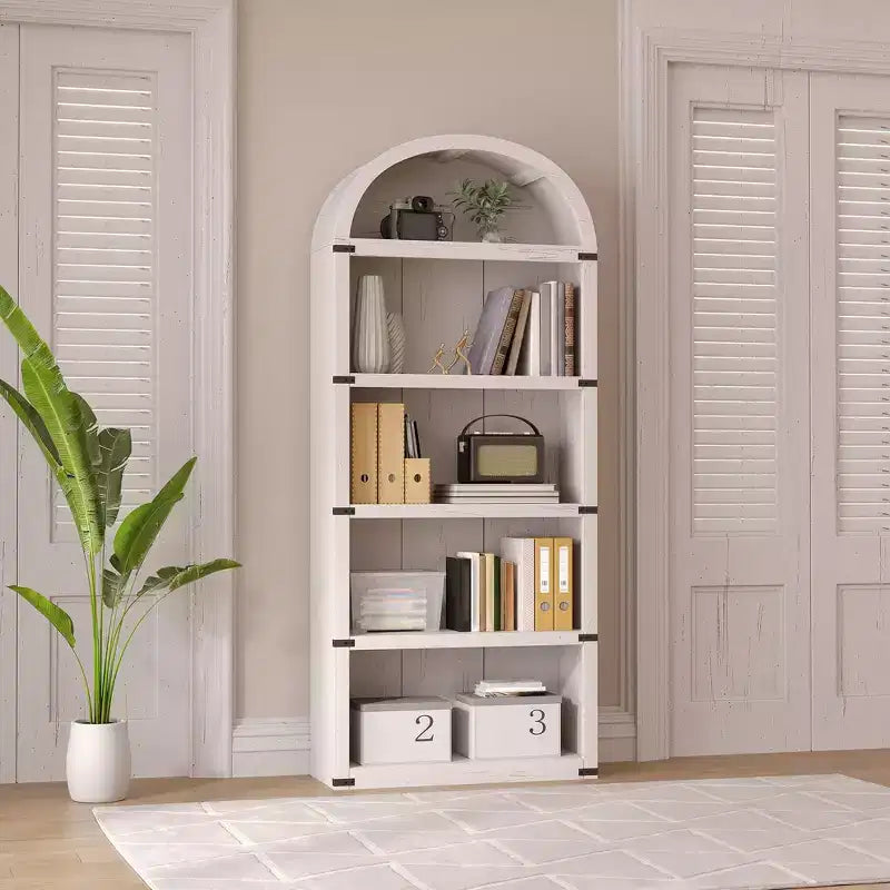 Bibliothèque 5 étagères, bibliothèque arquée 182 cm, étagère de rangement style ferme, étagères en bois pour bureau à domicile, salon