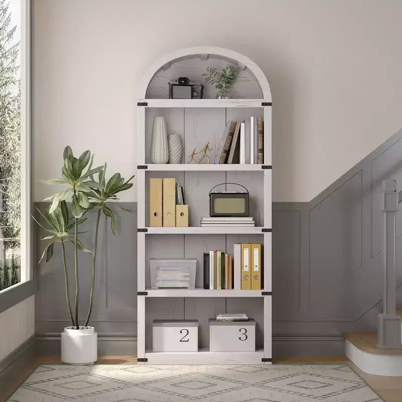 Bibliothèque 5 étagères, bibliothèque arquée 182 cm, étagère de rangement style ferme, étagères en bois pour bureau à domicile, salon