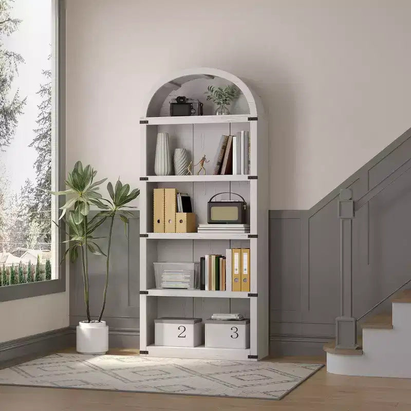 Bibliothèque 5 étagères, bibliothèque arquée 182 cm, étagère de rangement style ferme, étagères en bois pour bureau à domicile, salon