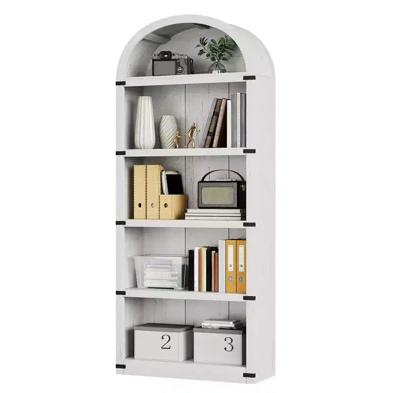 Bibliothèque 5 étagères, bibliothèque arquée 182 cm, étagère de rangement style ferme, étagères en bois pour bureau à domicile, salon