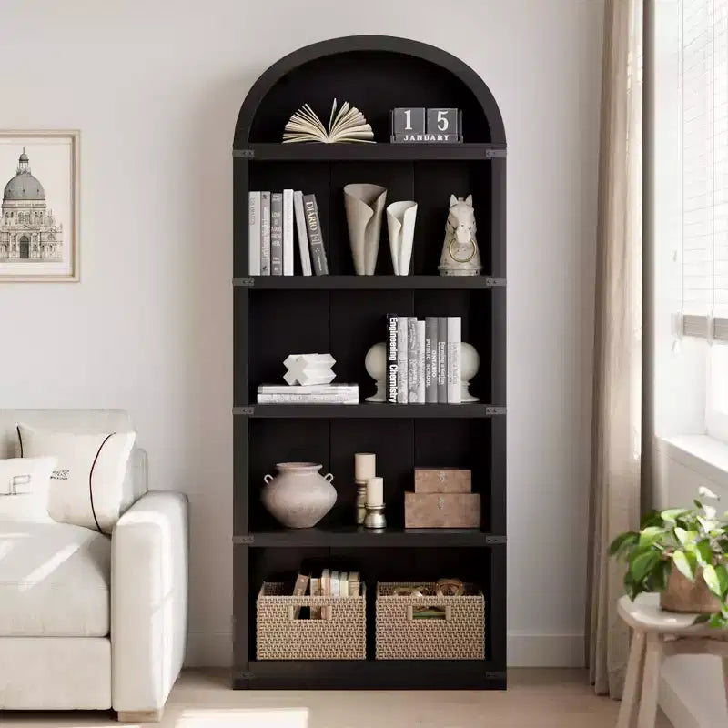 Bibliothèque 5 étagères, bibliothèque arquée 182 cm, étagère de rangement style ferme, étagères en bois pour bureau à domicile, salon