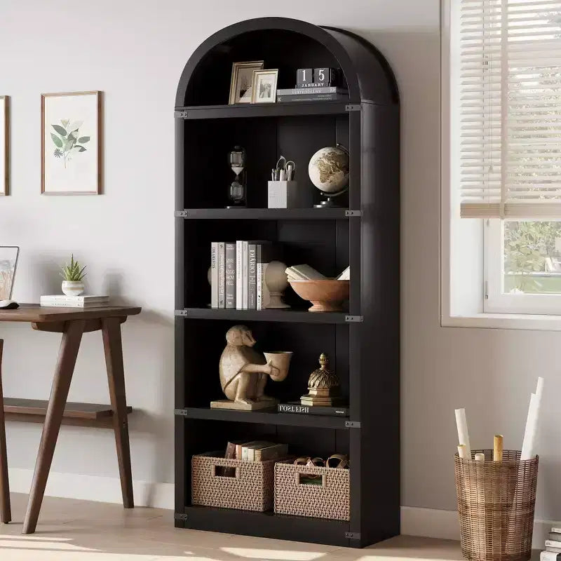 Bibliothèque 5 étagères, bibliothèque arquée 182 cm, étagère de rangement style ferme, étagères en bois pour bureau à domicile, salon