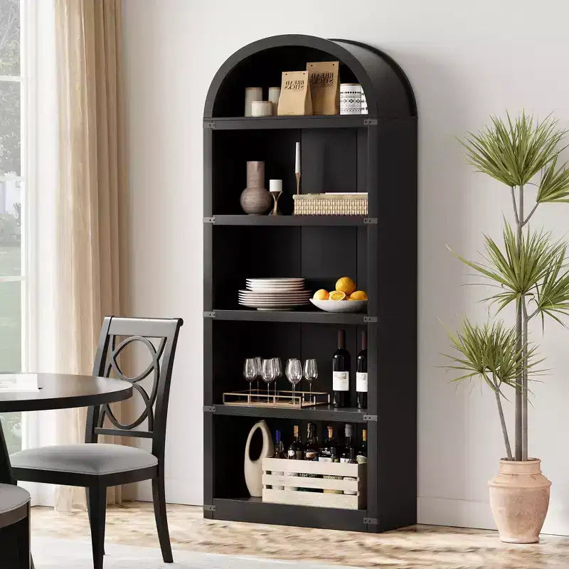 Bibliothèque 5 étagères, bibliothèque arquée 182 cm, étagère de rangement style ferme, étagères en bois pour bureau à domicile, salon