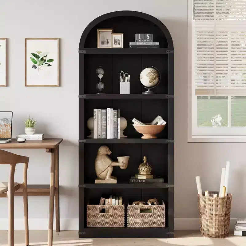 Bibliothèque 5 étagères, bibliothèque arquée 182 cm, étagère de rangement style ferme, étagères en bois pour bureau à domicile, salon