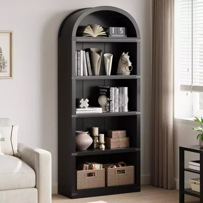 Bookcase 5 Shelf Arched Bookshelf 71.65 in Tall Bookcase Farmhouse Display Storage Rack Wooden Bookshelves for Home Office, Living Room