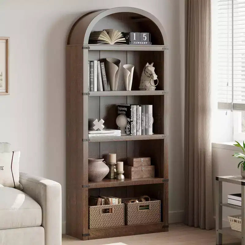Bibliothèque 5 étagères, bibliothèque arquée 182 cm, étagère de rangement style ferme, étagères en bois pour bureau à domicile, salon