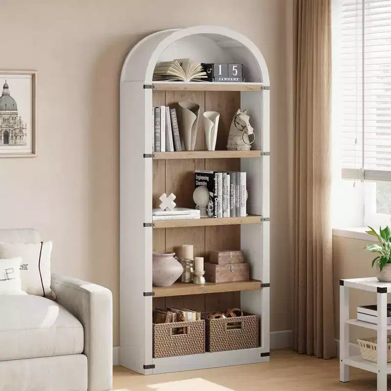 Bibliothèque 5 étagères, bibliothèque arquée 182 cm, étagère de rangement style ferme, étagères en bois pour bureau à domicile, salon