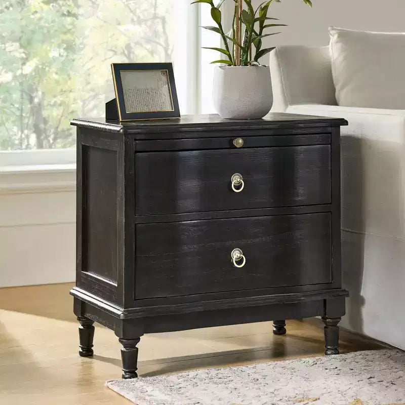 Honorio Traditional 2-Drawer Solid Wood End Table with Built-In Outlet|HULALA HOME