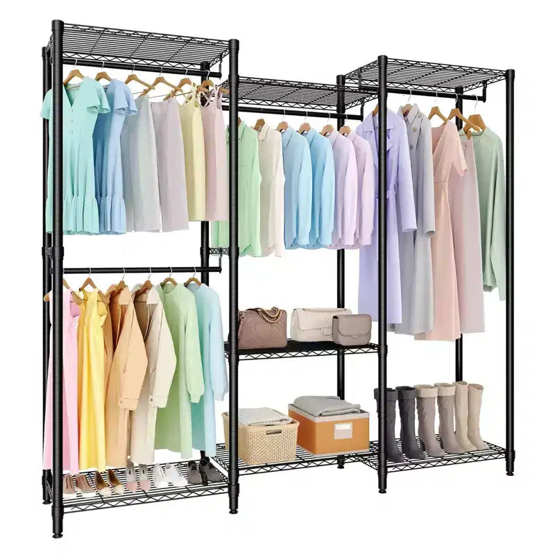 Portant à vêtements autoportant robuste, organisateur de placard portable à 3 niveaux, étagères et tringles réglables, grand placard de rangement en métal