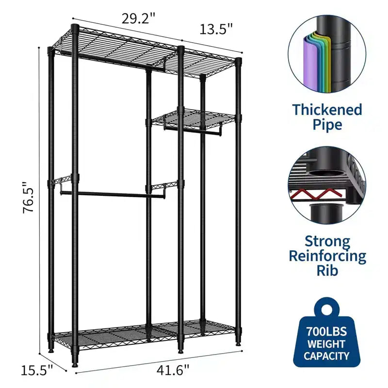 Portant à vêtements autoportant robuste, organisateur de placard portable à 3 niveaux, étagères et tringles réglables, grand placard de rangement en métal