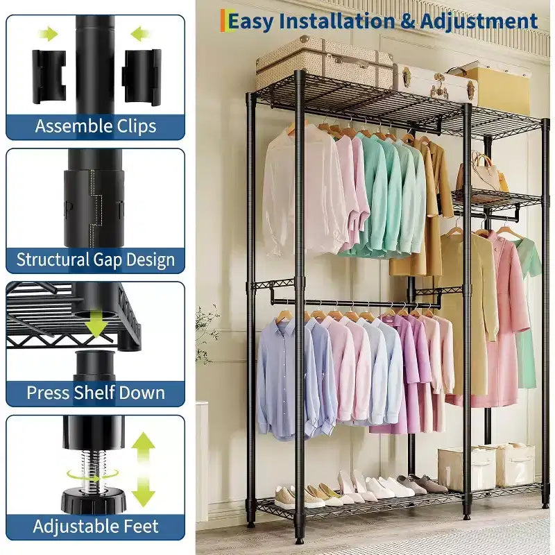 Portant à vêtements autoportant robuste, organisateur de placard portable à 3 niveaux, étagères et tringles réglables, grand placard de rangement en métal